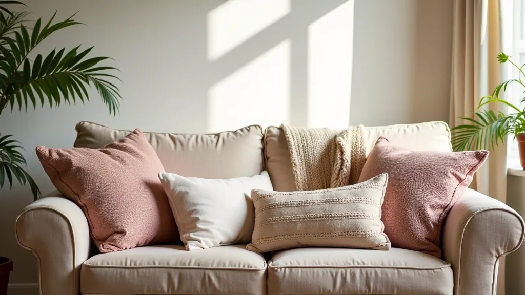 Close-up of colourful cushions and throws on a sofa from John Lewis