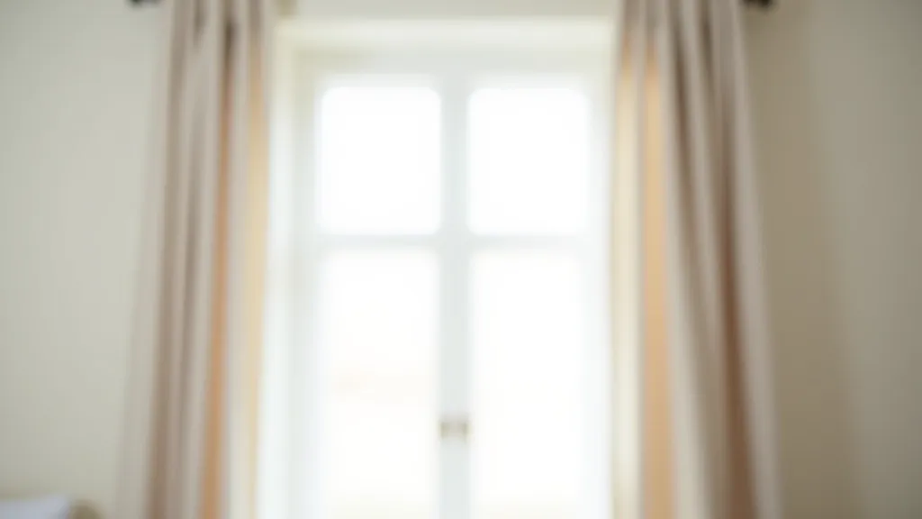Elegant floor-to-ceiling linen curtains in neutral tone hanging from brass rail, framing a bright window with garden view