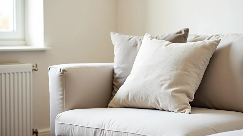 Collection of neutral and patterned cushions arranged on a cream linen sofa, showing texture variation and colour coordination