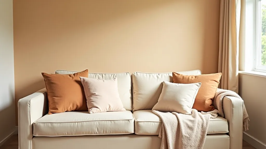Styled living room sofa with mix of new cushions and throws in complementary colours, John Lewis and Next Home furnishings, cosy arrangement