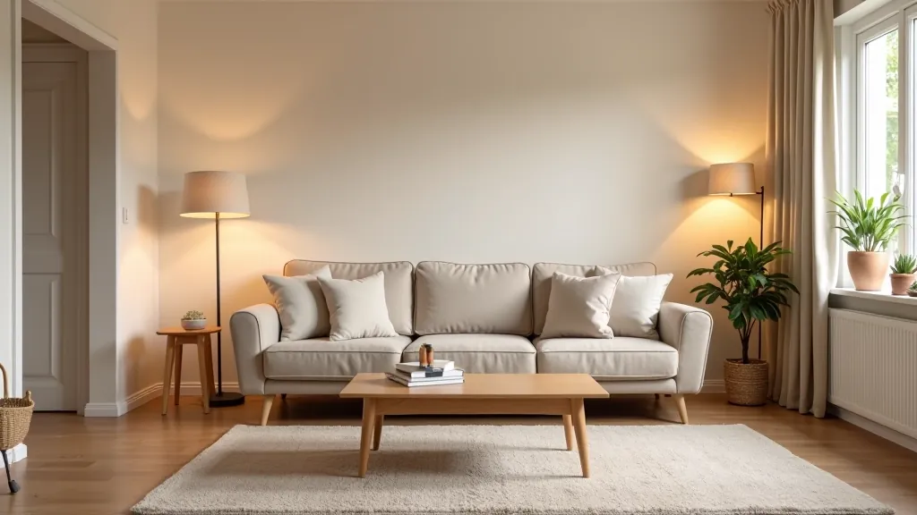 Detailed living room showing proper furniture spacing with measurements indicated, comfortable distance between pieces, well-proportioned arrangement