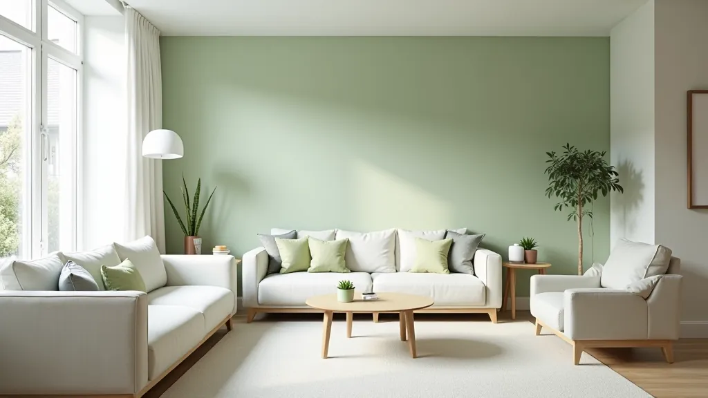Modern living room with freshly painted accent wall in soft sage green