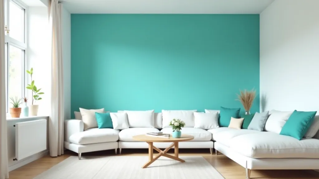 Modern living room with freshly painted accent wall and updated furnishings