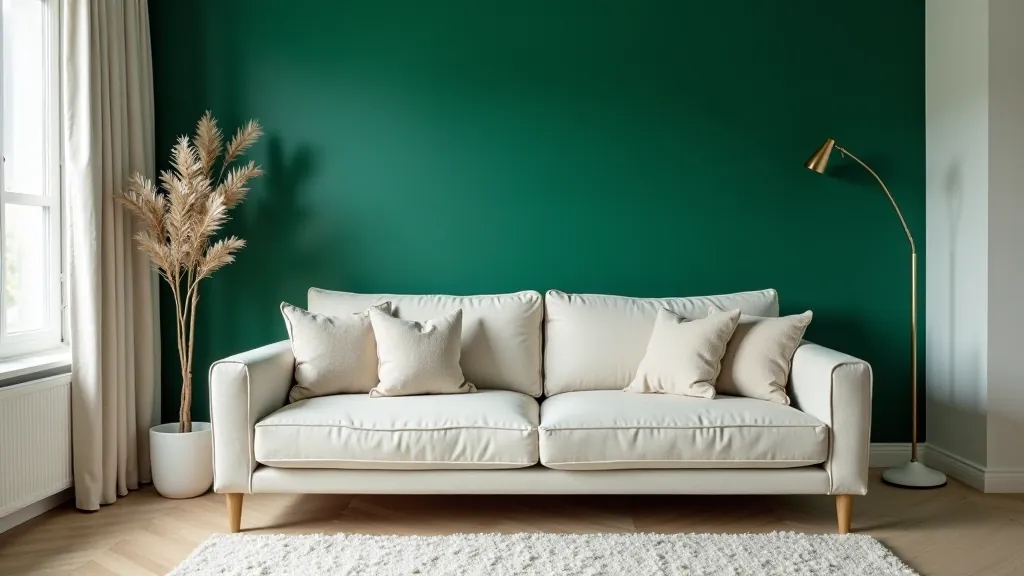 Modern living room with accent wall painted in deep forest green behind sofa, complementing neutral furniture