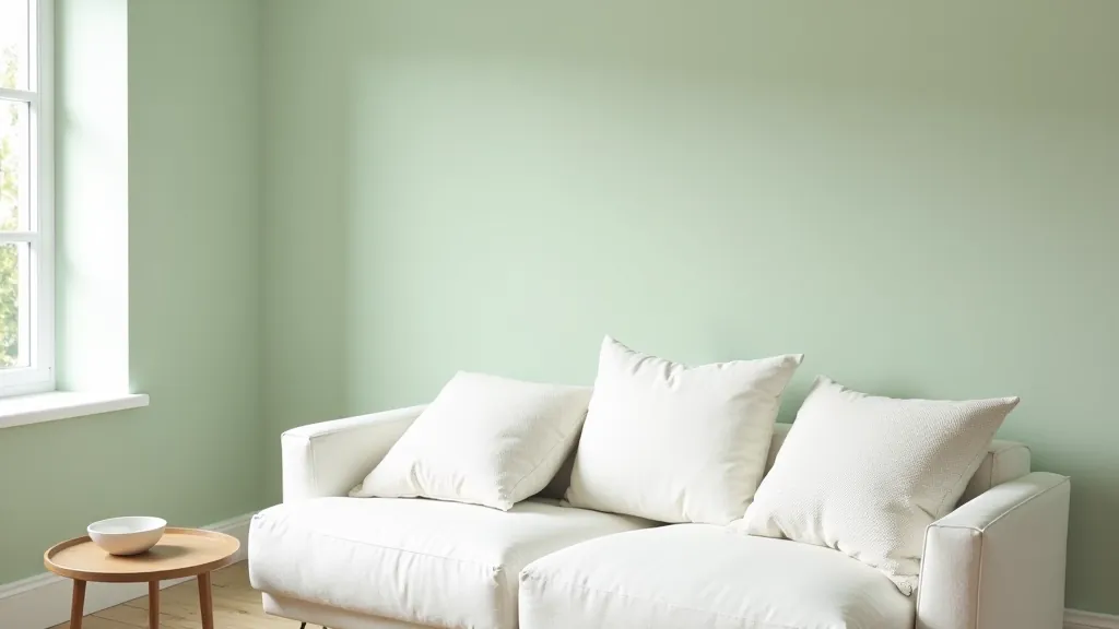 Modern accent wall in soft sage green with white furnishings