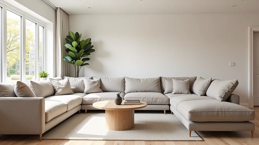 Bright modern living room with furniture arranged in conversation-friendly layout, natural light from windows, clean floor space, welcoming arrangement