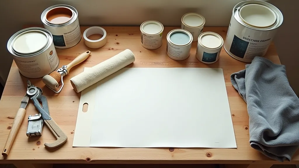 DIY tools and paint supplies arranged for a home project