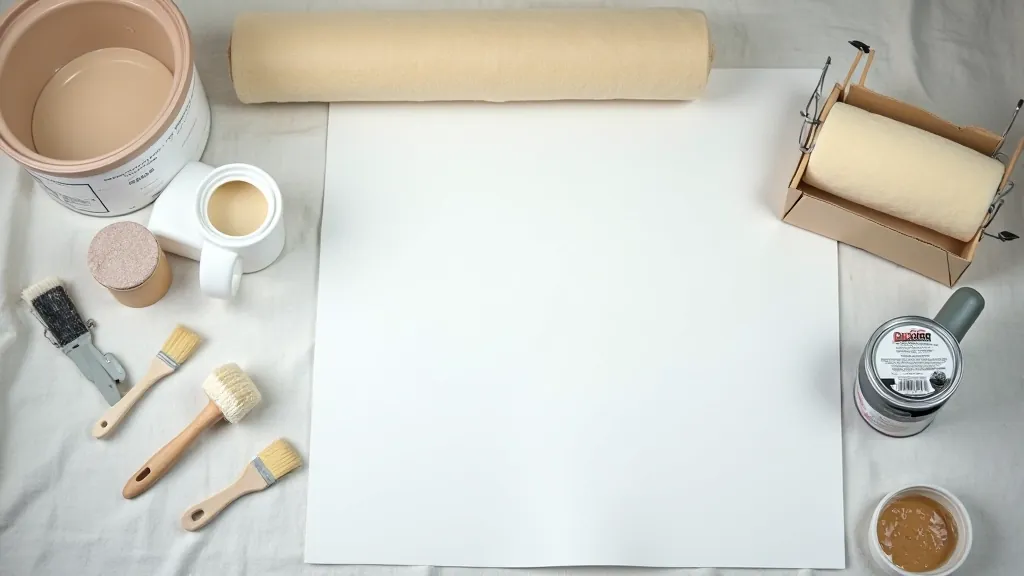 Organized painting workspace with professional-grade tools including rollers, brushes, tape, primer, and drop cloths