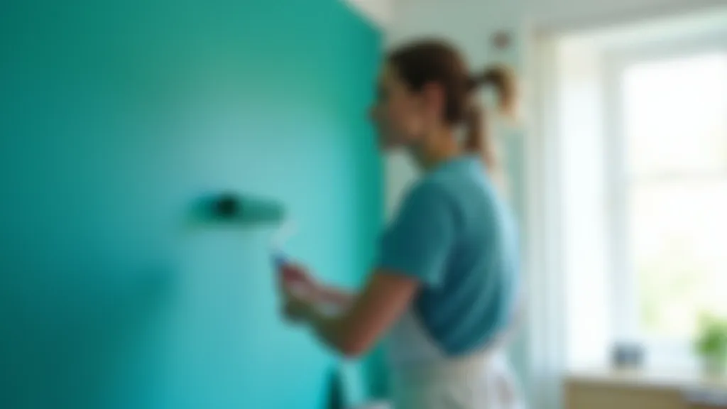 Person painting an accent wall in a living room with a roller brush and deep teal paint
