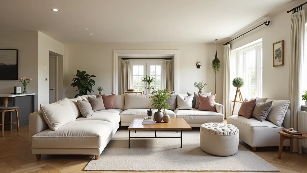 Open-plan living space with furniture arranged for better flow and conversation areas