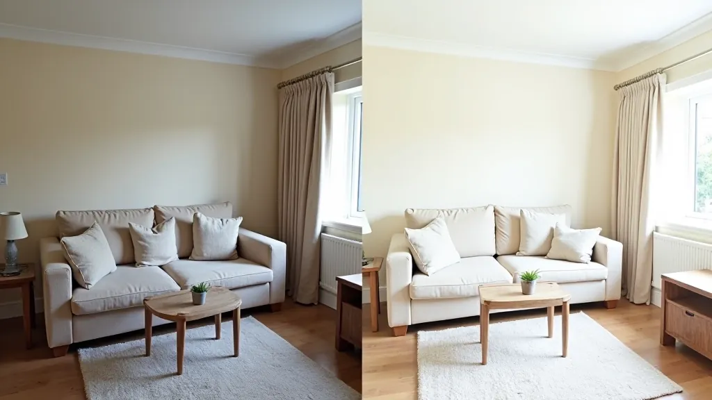 Before and after of a small lounge room with budget-friendly updates