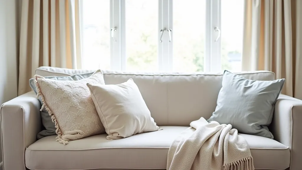 Display of colourful soft furnishings including cushions, throws, and curtains on a modern sofa