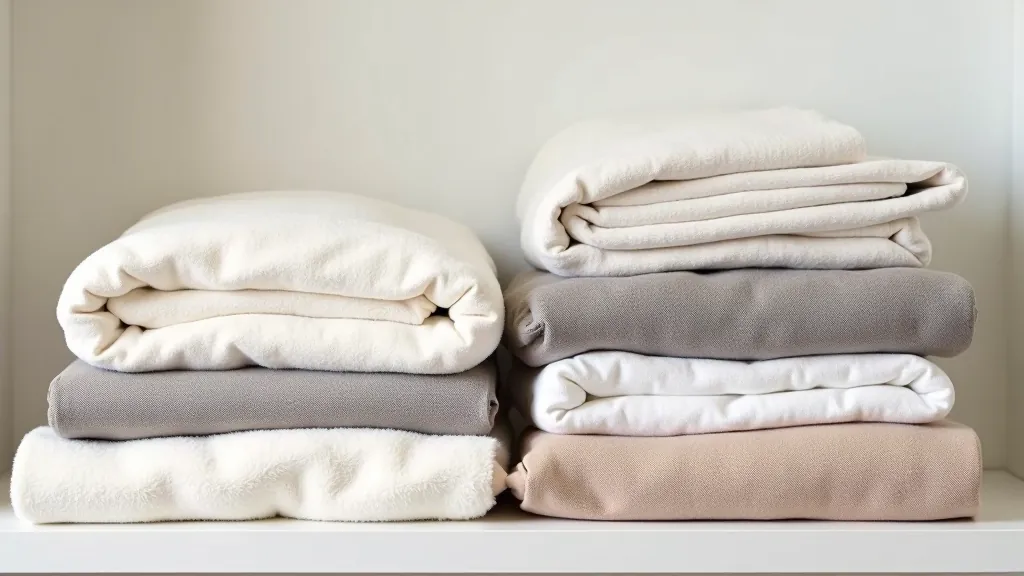 Folded throws in various textures including wool blend, cotton, and chunky knit displayed on a wooden shelf