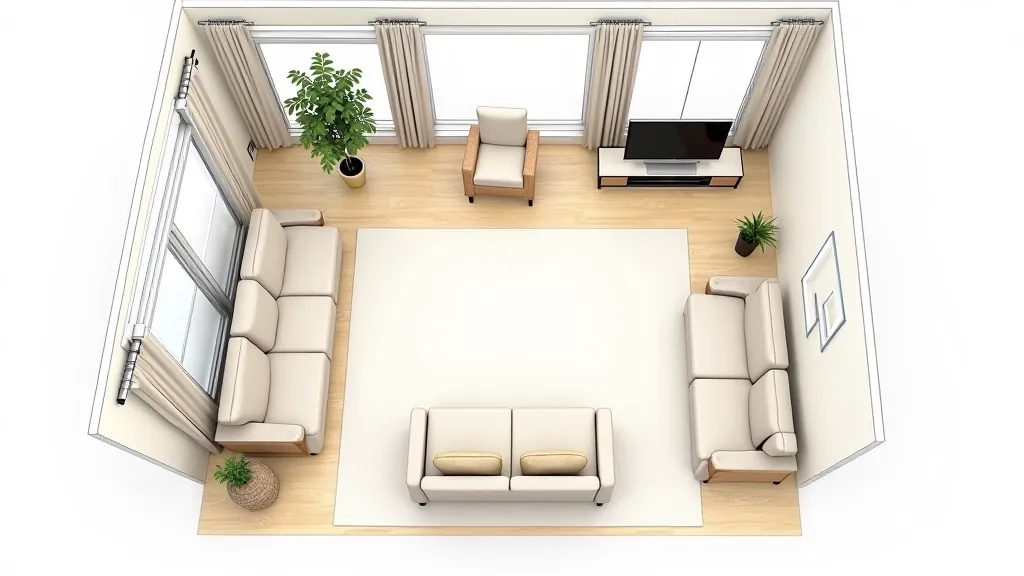 Living room floor plan showing furniture placement with clear pathways and defined zones for seating and conversation